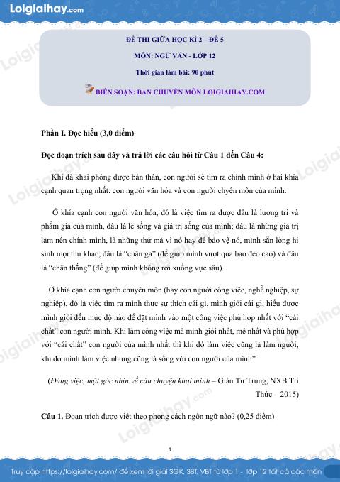 Đề kiểm tra giữa học kì 2 Ngữ văn 12 - Đề số 5 có lời giải chi tiết